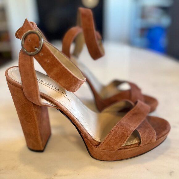 BCBG Maxazria Platform Brown Suede Criss Cross Sandal Heels Wedding Guest 39.5 - Picture 3 of 8